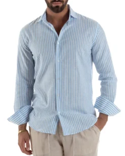 Camicia uomo collo francese sartoriale lino rigata stretta celeste GIOSAL-C3085A