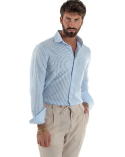 Camicia uomo collo francese sartoriale lino rigata stretta celeste GIOSAL-C3085A