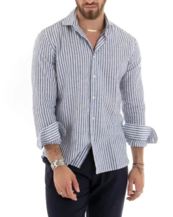 Camicia Uomo Collo Francese Sartoriale Lino Rigata Stretta Blu C2688A