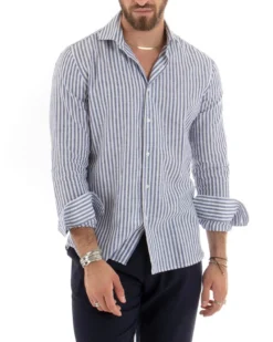 Camicia Uomo Collo Francese Sartoriale Lino Rigata Stretta Blu C2688A