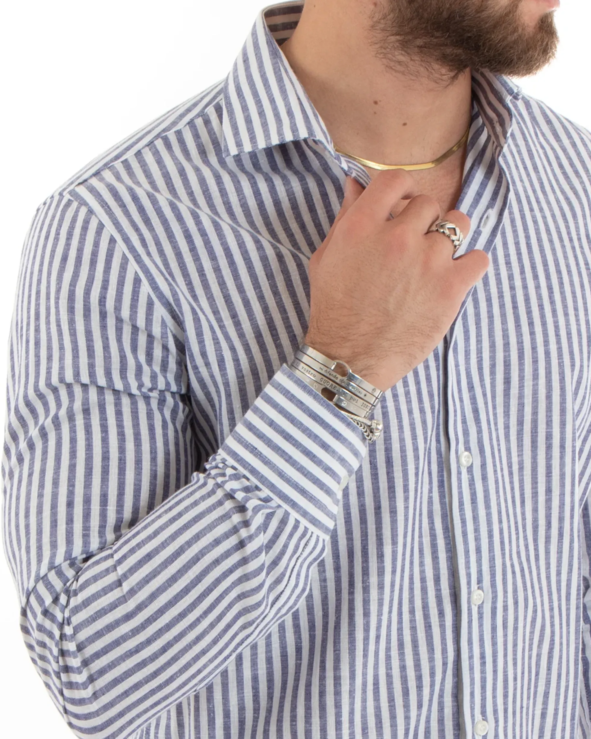 Camicia Uomo Collo Francese Sartoriale Lino Rigata Stretta Blu C2688A