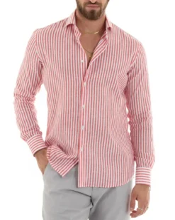 Camicia Uomo Collo Francese Sartoriale Lino Rigata Stretta Rosso C2690A