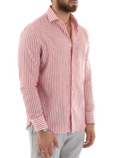 Camicia Uomo Collo Francese Sartoriale Lino Rigata Stretta Rosso C2690A