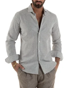 Camicia uomo collo francese sartoriale lino rigata stretta marrone GIOSAL-C3086A