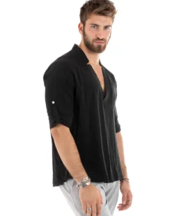 Camicia Uomo Collo V Maniche Lunghe Viscosa Morbida Leggera Nero GIOSAL-C2694A