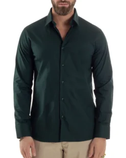 Camicia Uomo Con Colletto Francese Cotone Basic Sartoriale Slim Fit Verde Bottiglia C2946A