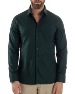 Camicia Uomo Con Colletto Francese Cotone Basic Sartoriale Slim Fit Verde Bottiglia C2946A