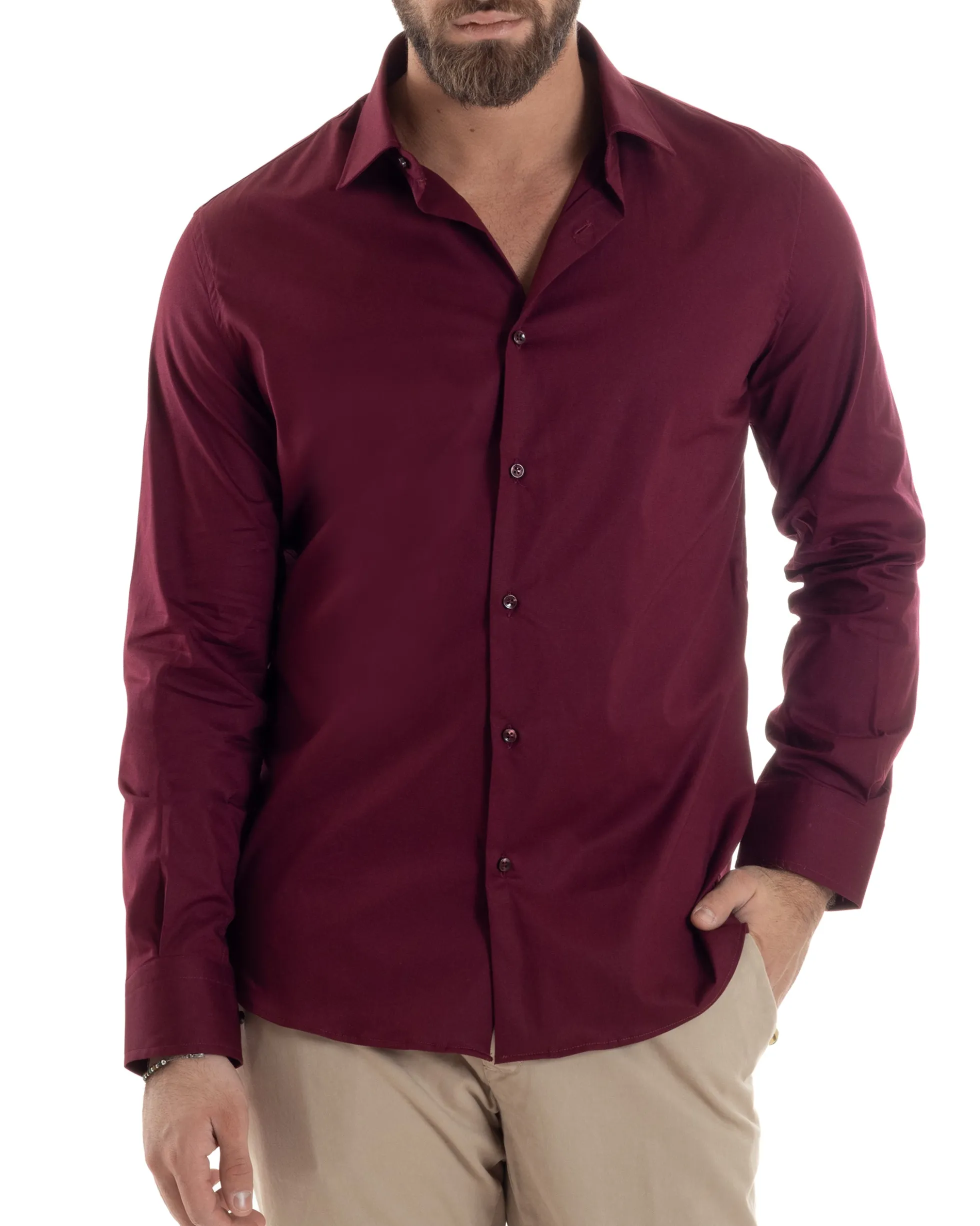 Camicia Uomo Con Colletto Francese Cotone Basic Sartoriale Slim Fit Bordeaux C2945A