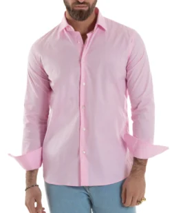 Camicia Uomo Con Colletto Francese Cotone Basic Sartoriale Slim Fit Rosa C2943A