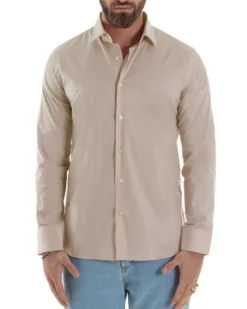 Camicia Uomo Con Colletto Francese Cotone Basic Sartoriale Slim Fit Beige C2947A