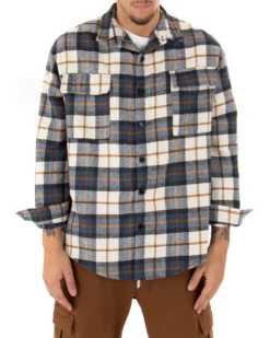 Camicia Uomo Con Colletto Giacca Camicione Manica Lunga Fantasia Quadri Blu GIOSAL-C2303A