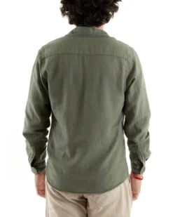 Camicia Uomo Con Colletto Slim Fit Lino Tinta Unita Maniche Lunghe Verde GIOSAL-C2897A