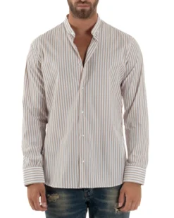 Camicia Uomo Cotone Collo Coreano Fantasia Righe Beige C3015A
