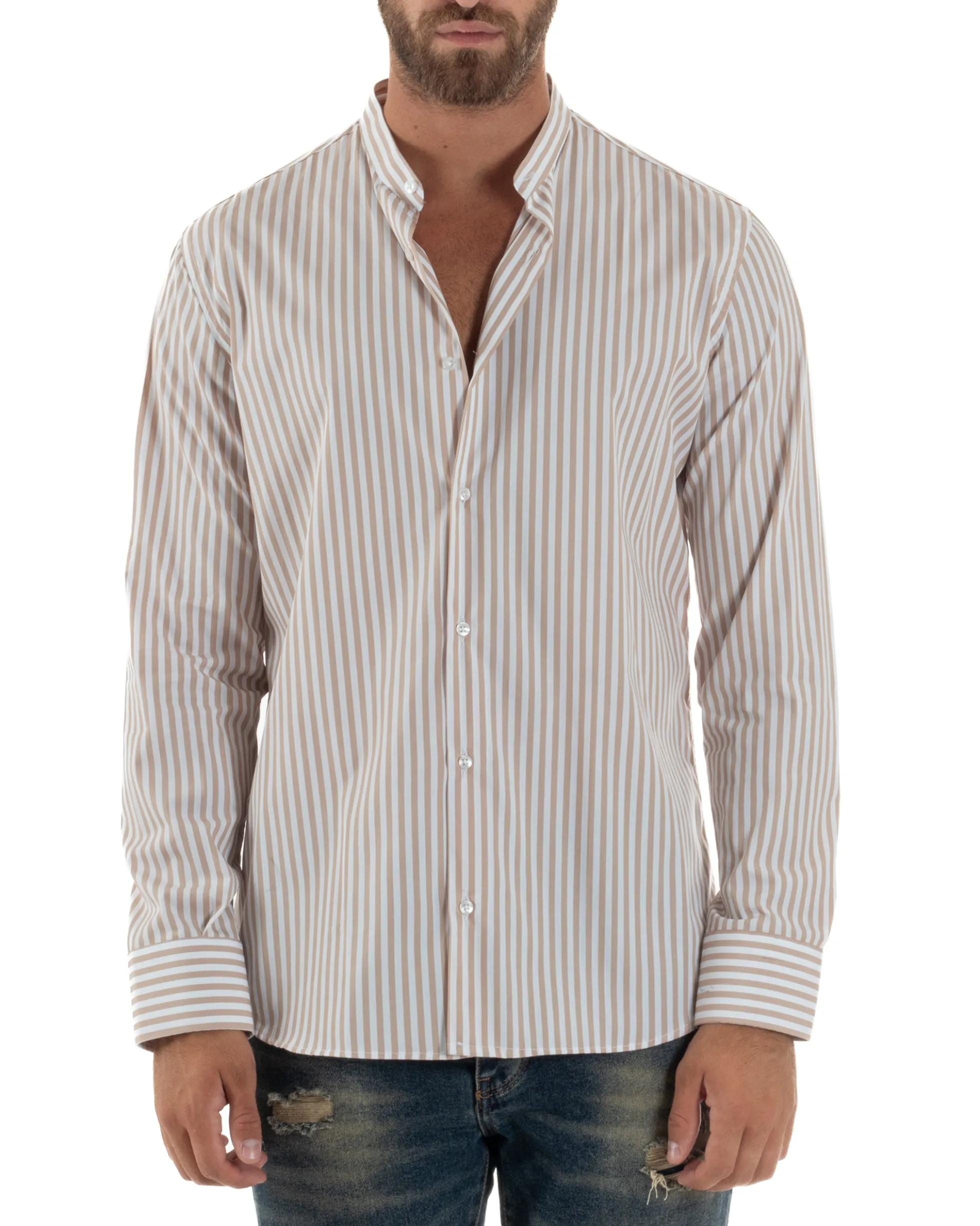 Camicia Uomo Cotone Collo Coreano Fantasia Righe Beige C3015A
