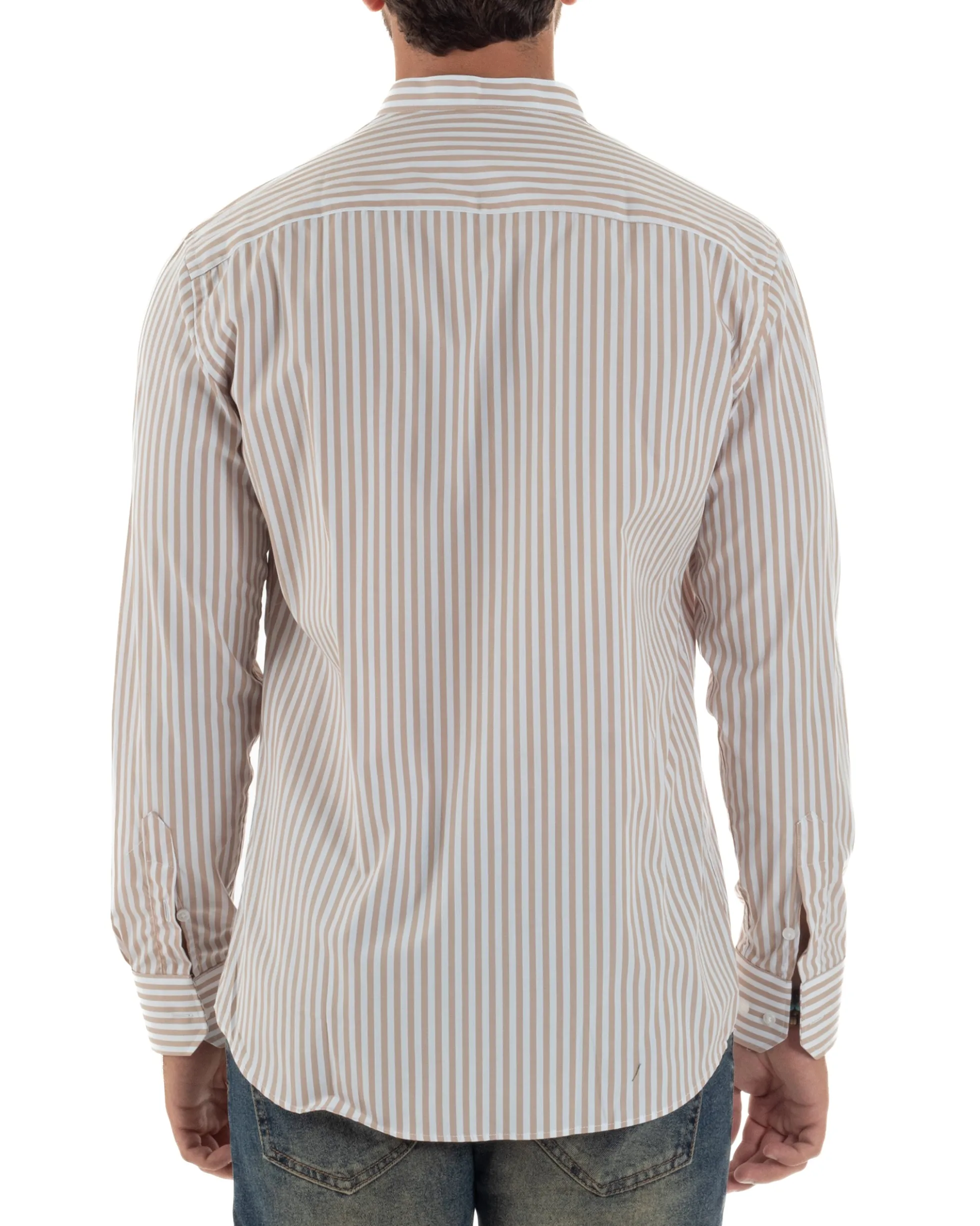 Camicia Uomo Cotone Collo Coreano Fantasia Righe Beige C3015A
