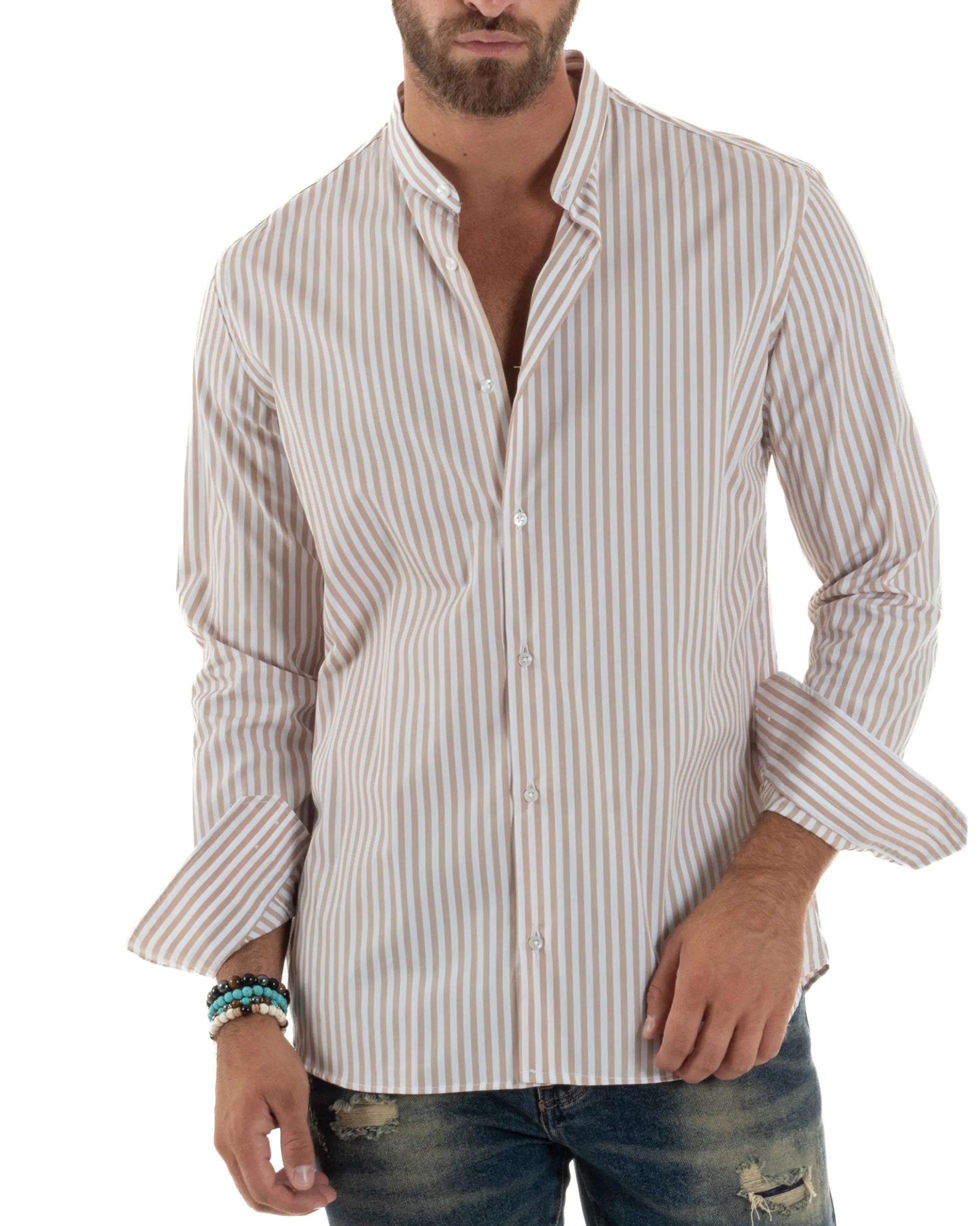 Camicia Uomo Cotone Collo Coreano Fantasia Righe Beige C3015A