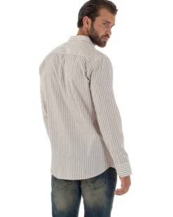 Camicia Uomo Cotone Collo Coreano Fantasia Righe Beige C3015A