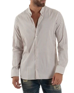 Camicia Uomo Cotone Collo Coreano Fantasia Righe Beige C3015A
