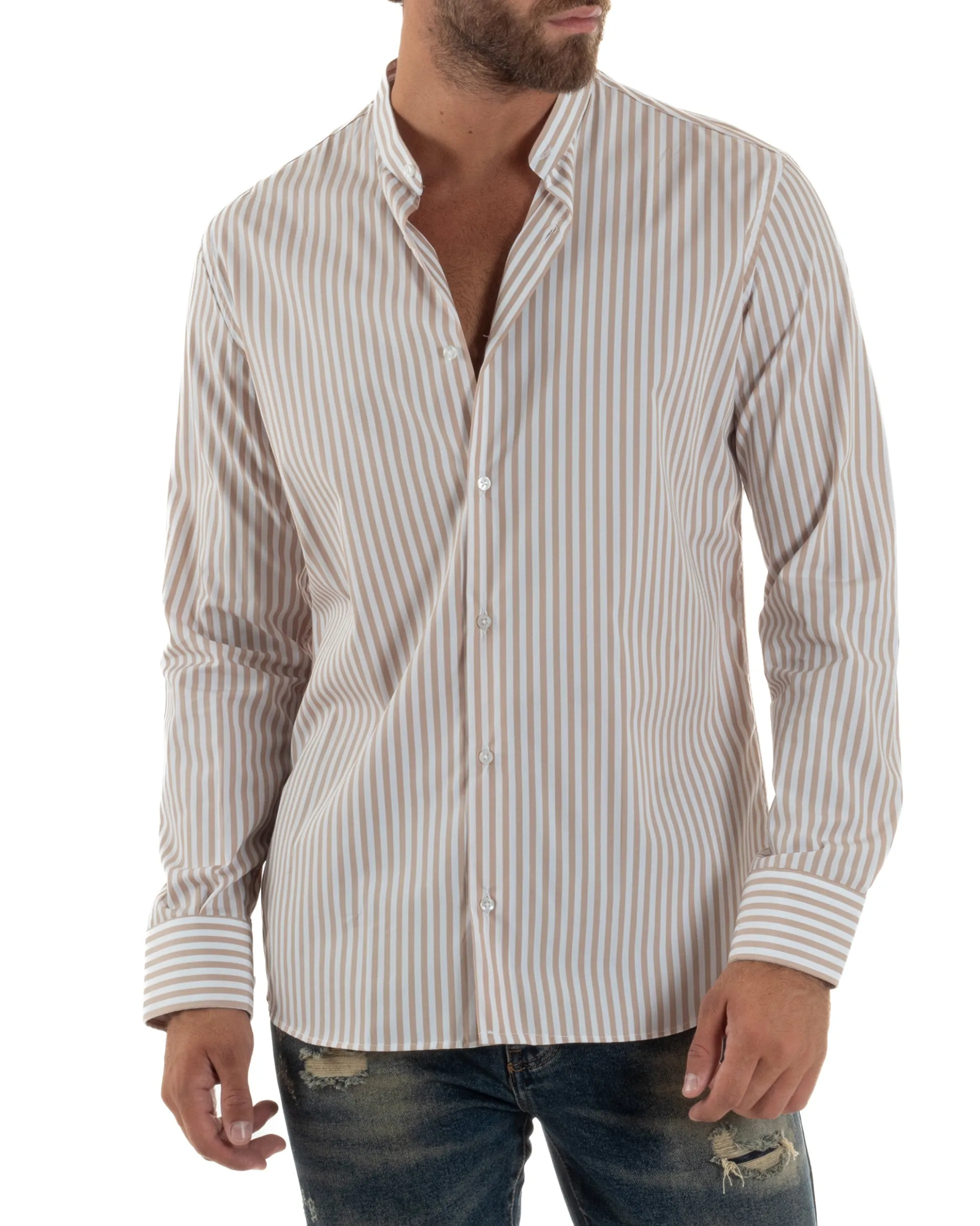 Camicia Uomo Cotone Collo Coreano Fantasia Righe Beige C3015A
