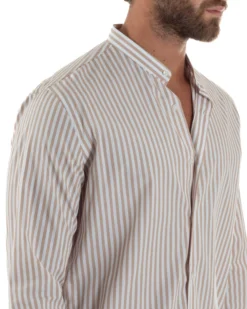 Camicia Uomo Cotone Collo Coreano Fantasia Righe Beige C3015A