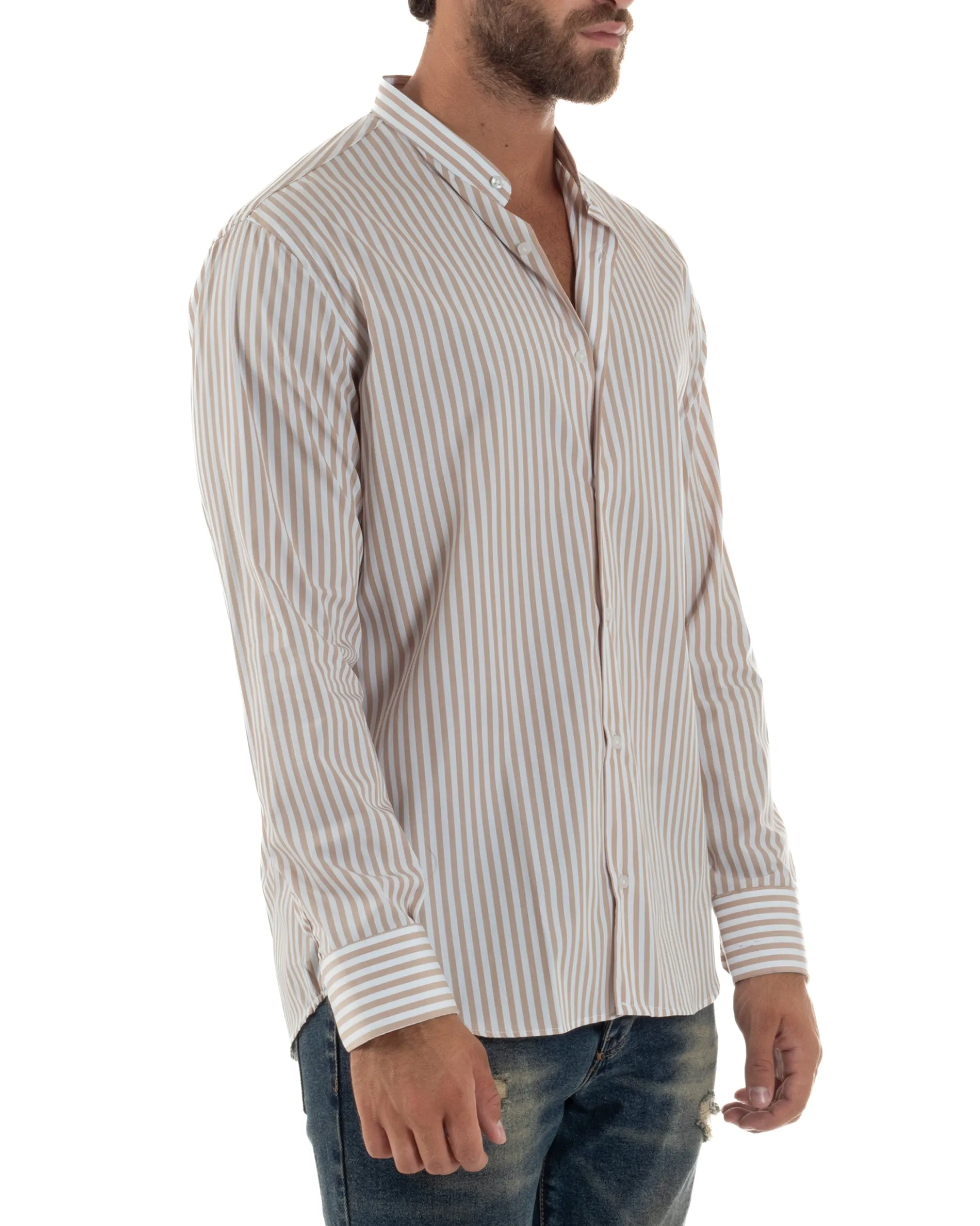 Camicia Uomo Cotone Collo Coreano Fantasia Righe Beige C3015A
