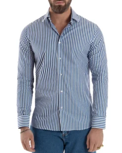 Camicia uomo cotone collo francese slim fit righe bastoncino medio blu GIOSAL-C2918A