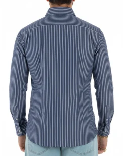 Camicia uomo cotone collo francese slim fit righe bastoncino medio bicolore blu bianco GIOSAL-C3068A