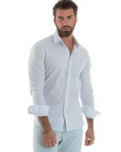 Camicia uomo cotone collo francese slim fit rigata sottile celeste GIOSAL-C2916A