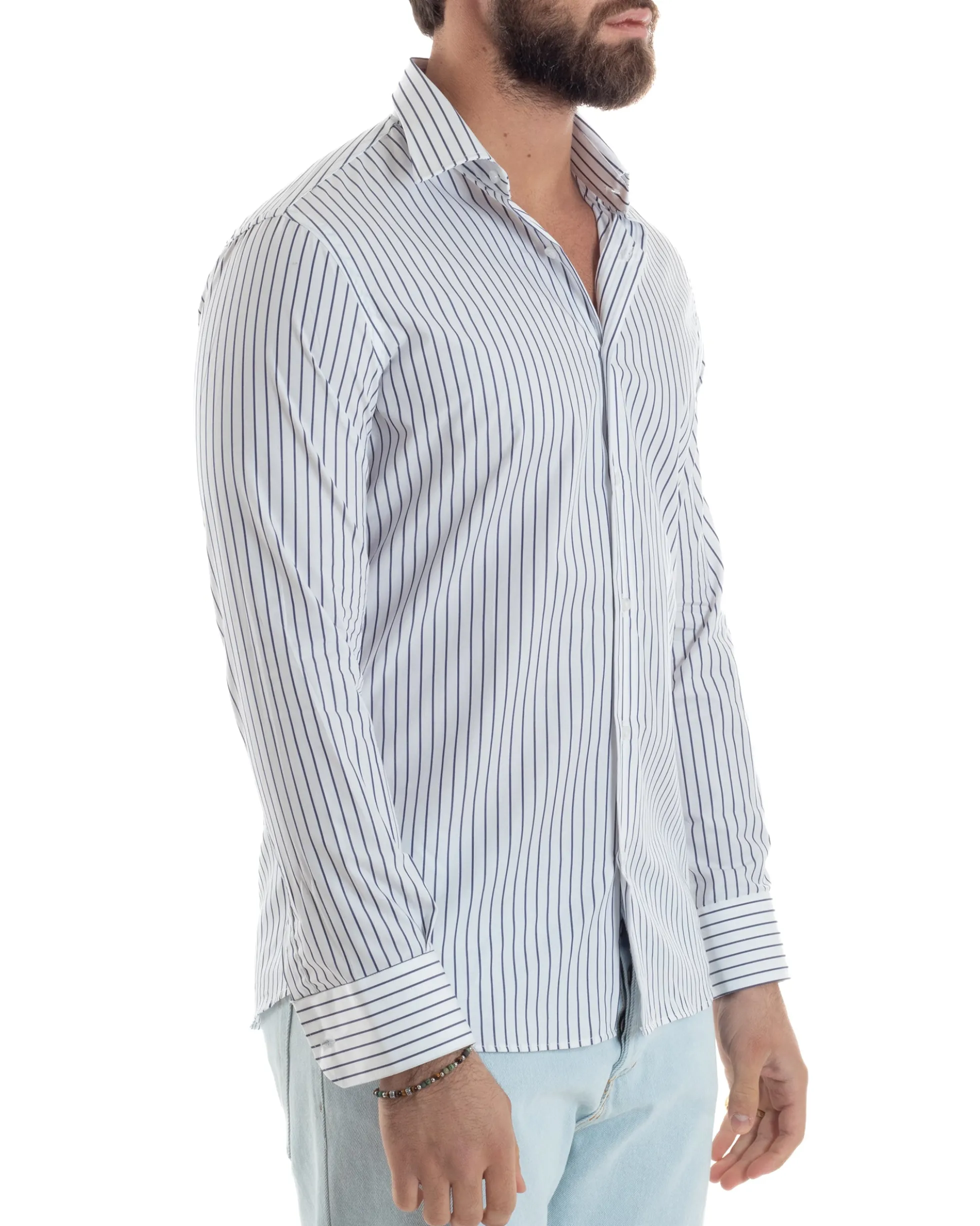 Camicia uomo cotone collo francese slim fit rigata sottile blu GIOSAL-C2915A