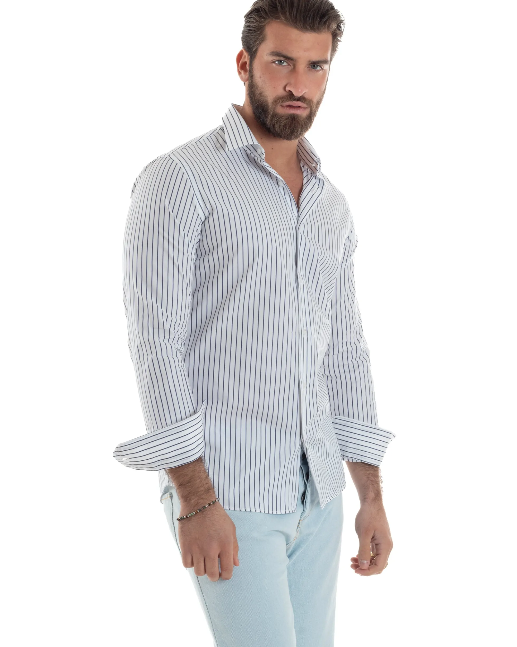 Camicia uomo cotone collo francese slim fit rigata sottile blu GIOSAL-C2915A