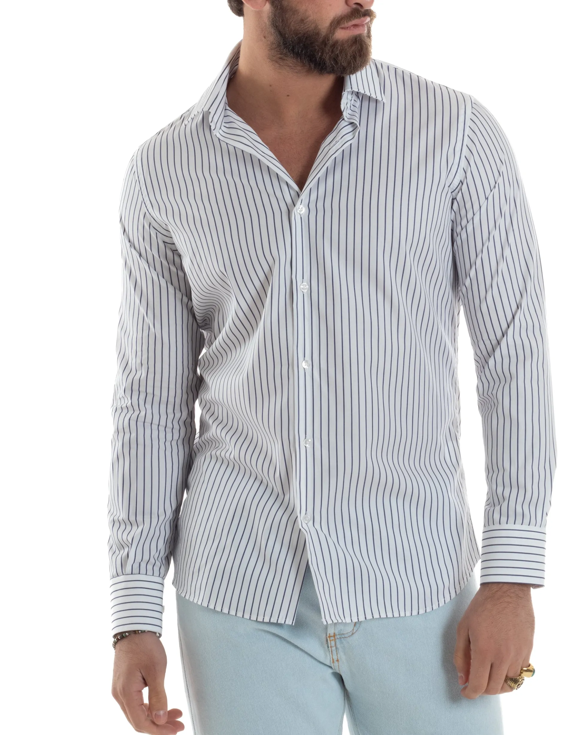 Camicia uomo cotone collo francese slim fit rigata sottile blu GIOSAL-C2915A