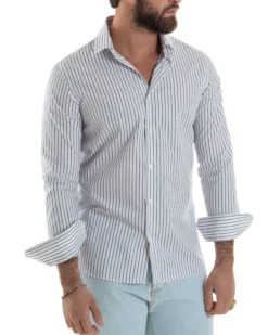 Camicia uomo cotone collo francese slim fit rigata sottile blu GIOSAL-C2915A