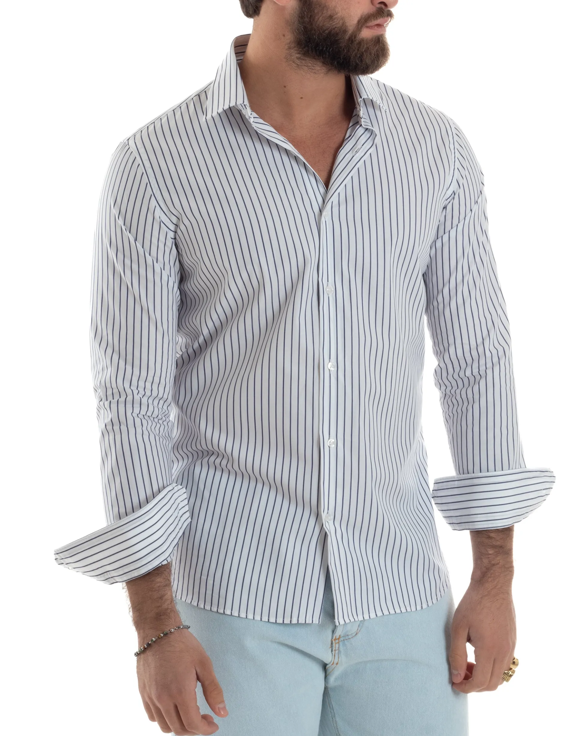 Camicia uomo cotone collo francese slim fit rigata sottile blu GIOSAL-C2915A