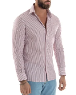 Camicia uomo cotone slim fit collo francese righe bastoncino sottile rosso GIOSAL-C2913A