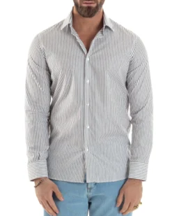 Camicia uomo cotone slim fit collo francese righe bastoncino sottile marrone GIOSAL-C2914A