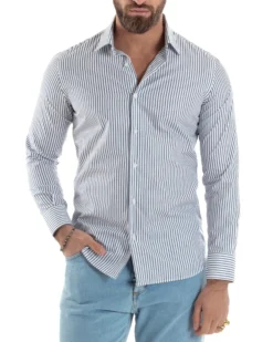 Camicia uomo cotone slim fit collo francese righe bastoncino sottile blu GIOSAL-C2912A
