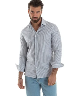 Camicia uomo cotone slim fit collo francese righe bastoncino sottile blu GIOSAL-C2912A