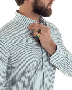 Camicia uomo cotone slim fit collo francese righe bastoncino sottile verde GIOSAL-C2911A