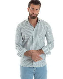 Camicia uomo cotone slim fit collo francese righe bastoncino sottile verde GIOSAL-C2911A