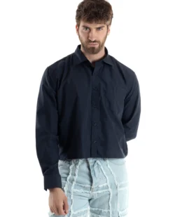 Camicia Uomo Cropped Maniche Lunghe Taschino Boxy Fit Blu C2825A