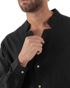 Camicia Uomo In Lino Collo Coreano Scollo V Morbida Leggera Basic Nero GIOSAL-C2955A