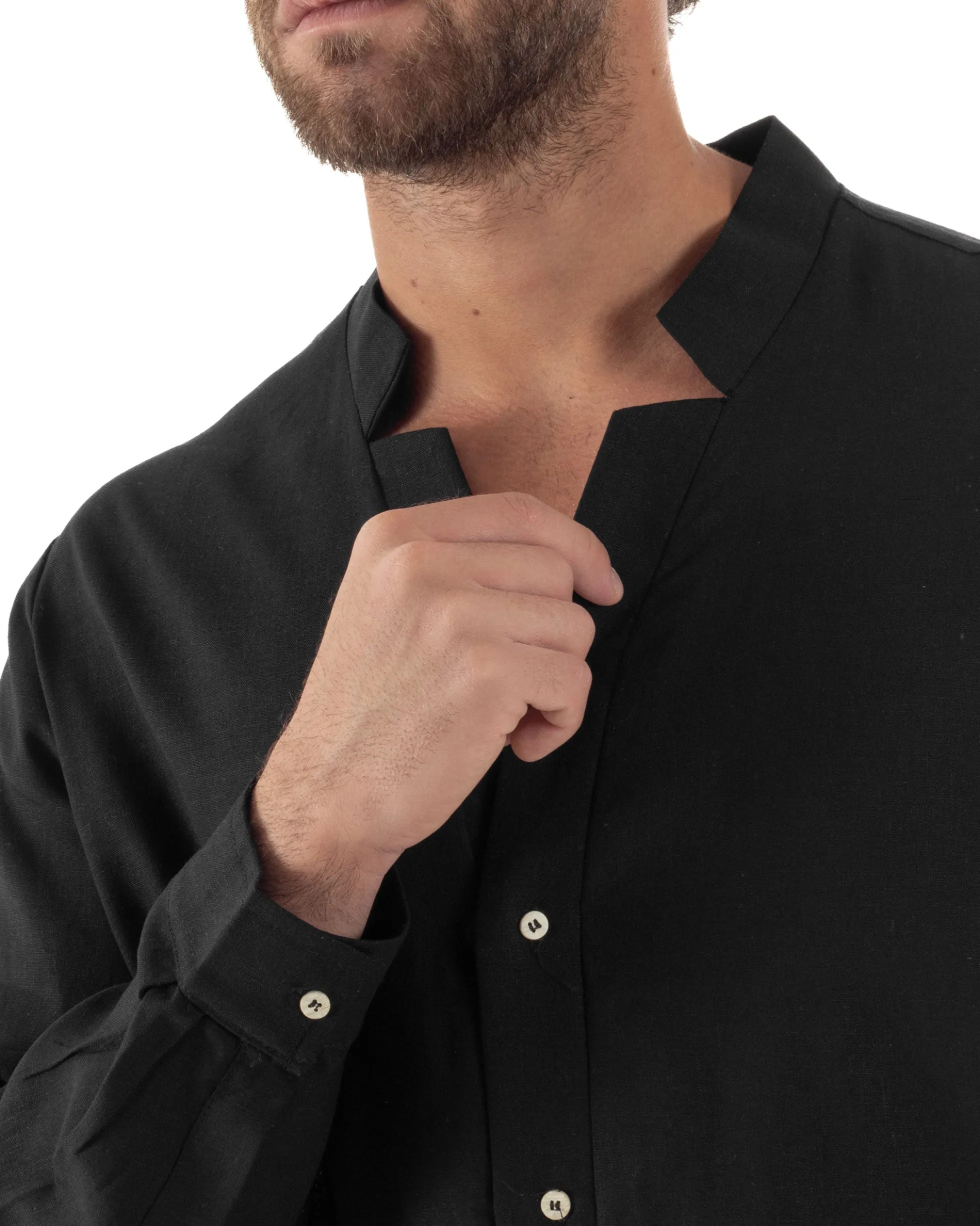 Camicia Uomo In Lino Collo Coreano Scollo V Morbida Leggera Basic Nero GIOSAL-C2955A