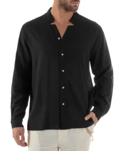 Camicia Uomo In Lino Collo Coreano Scollo V Morbida Leggera Basic Nero GIOSAL-C2955A