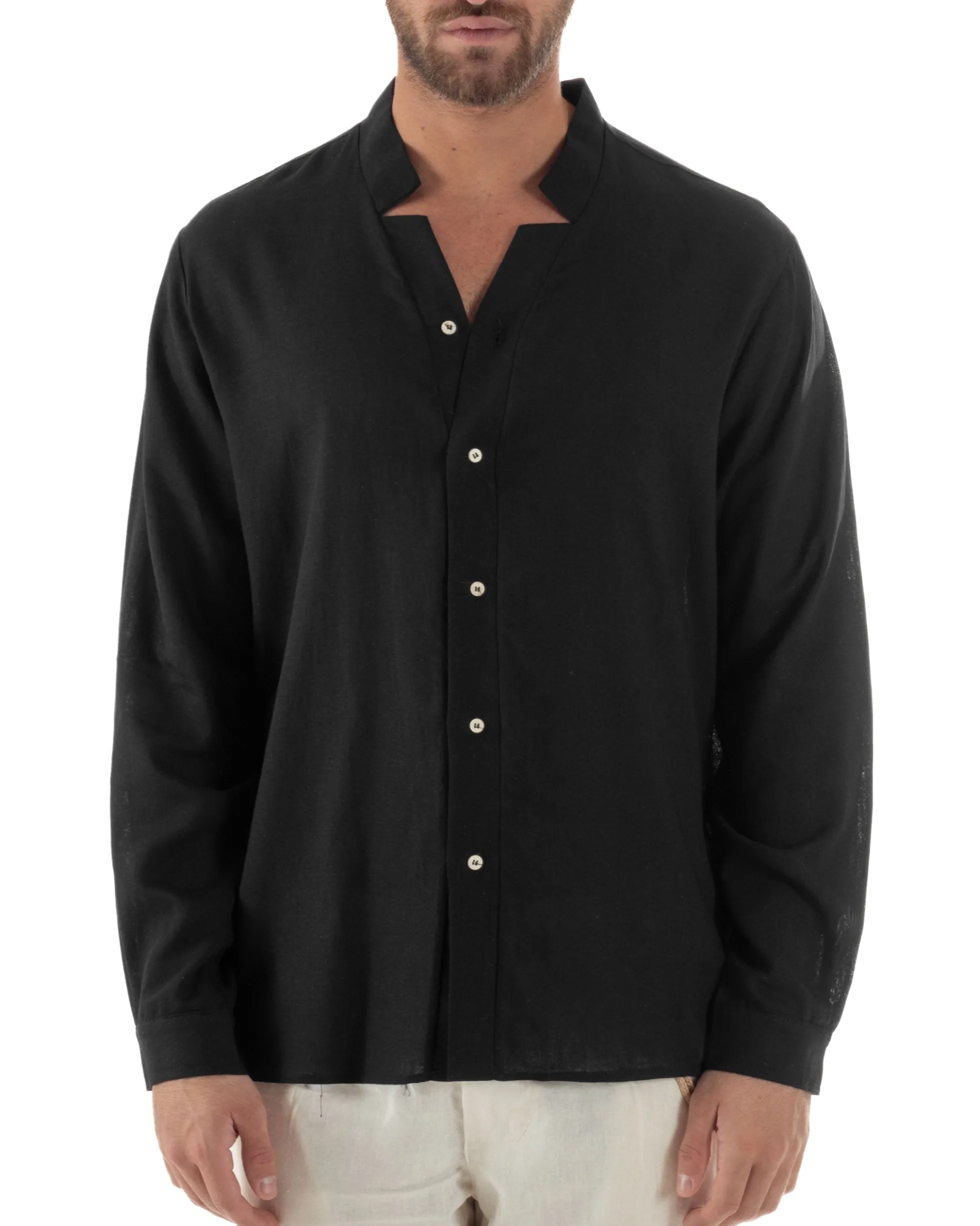 Camicia Uomo In Lino Collo Coreano Scollo V Morbida Leggera Basic Nero GIOSAL-C2955A