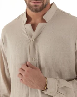 Camicia Uomo In Lino Collo Coreano Scollo V Morbida Leggera Basic Beige GIOSAL-C2953A