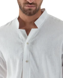 Camicia Uomo In Lino Collo Coreano Scollo V Morbida Leggera Basic Bianco GIOSAL-C2954A