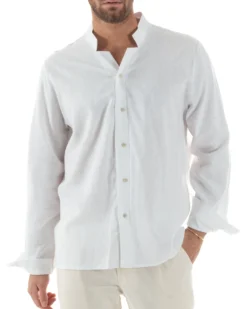Camicia Uomo In Lino Collo Coreano Scollo V Morbida Leggera Basic Bianco GIOSAL-C2954A