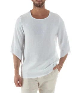 Camicia Uomo In Lino Cotone Casacca Scollata Sfrangiata Morbida Leggera Maniche Tre Quarti Tinta Unita Basic Bianco GIOSAL-C2956A