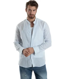 Camicia Uomo Lino Collo Coreano Maniche Lunghe Regular Fit Riga Stretta Celeste GIOSAL-C2862A