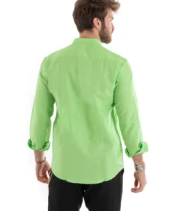 Camicia Uomo Lino Collo Coreano Sartoriale Basic Verde Acido C2671A